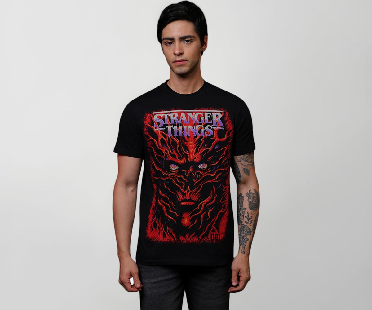 Free Authority Official Stranger Things Graphic Printed Half Sleeves Round Neck Regular Fit Pure Breathable Cotton Fabric Tshirt for Men Black