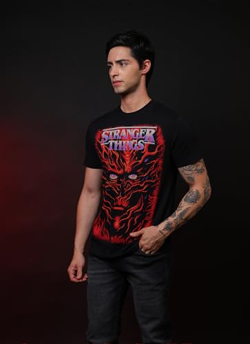 Free Authority Official Stranger Things Graphic Printed Half Sleeves Round Neck Regular Fit Pure Breathable Cotton Fabric Tshirt for Men Black