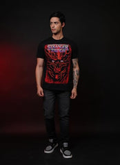 Free Authority Official Stranger Things Graphic Printed Half Sleeves Round Neck Regular Fit Pure Breathable Cotton Fabric Tshirt for Men Black