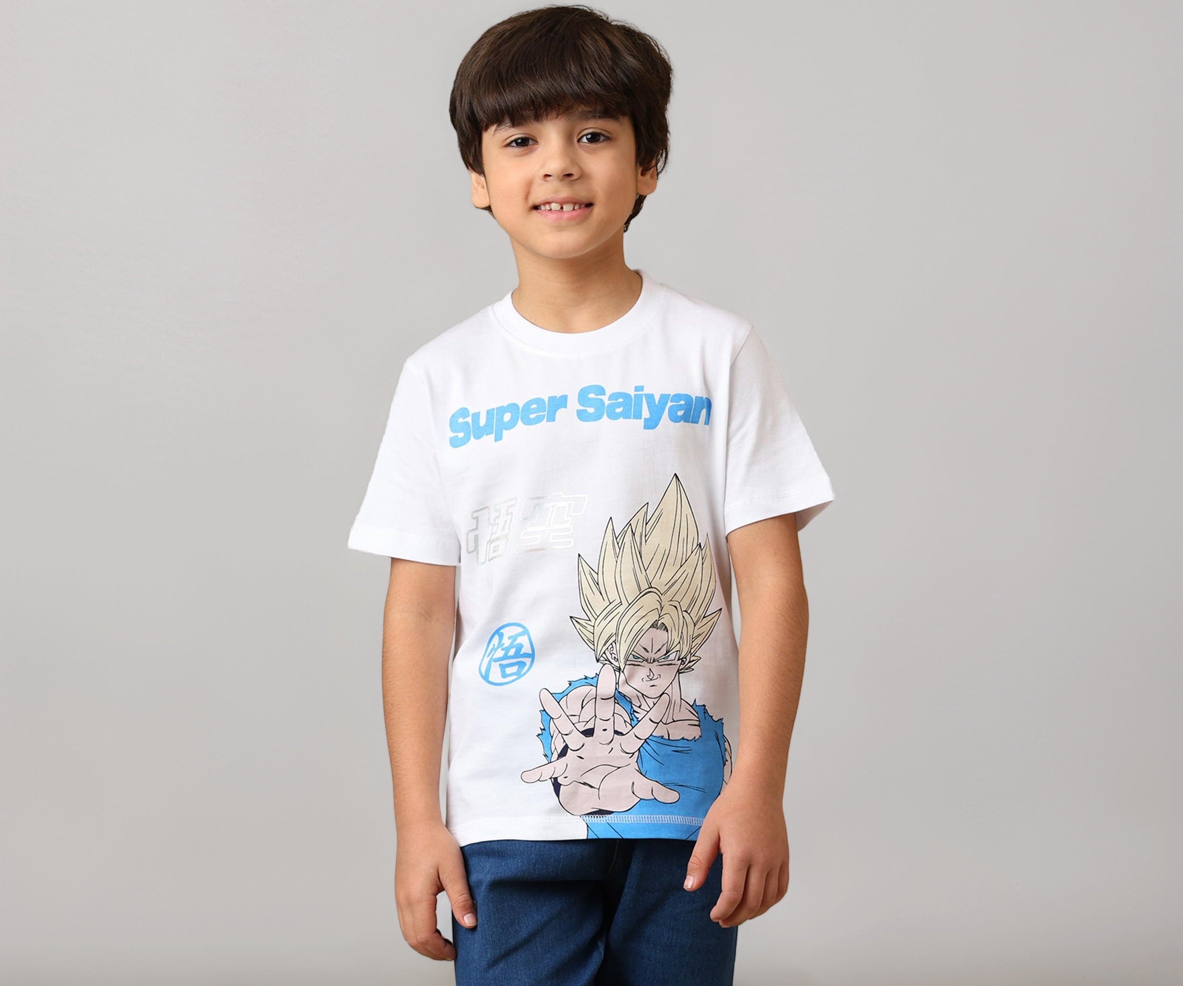 Kidsville Official Super Saiyan Goku Graphic Printed Regular Fit Cotton Tshirt for Boys White