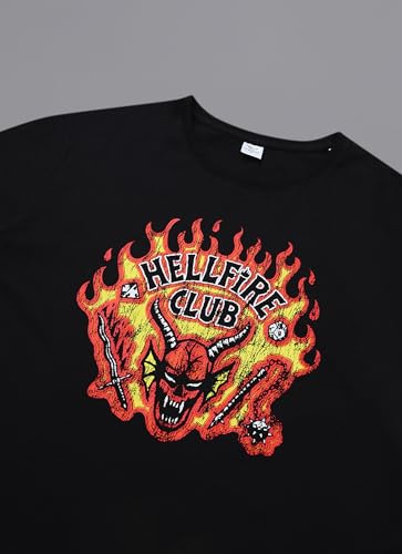 Free Authority Official Stranger Things: Hellfire Club Graphic Printed Half Sleeves Round Neck Oversized Fit Pure Breathable Cotton Fabric Black Tshirt for Women