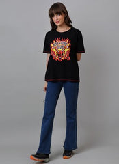 Free Authority Official Stranger Things: Hellfire Club Graphic Printed Half Sleeves Round Neck Oversized Fit Pure Breathable Cotton Fabric Black Tshirt for Women