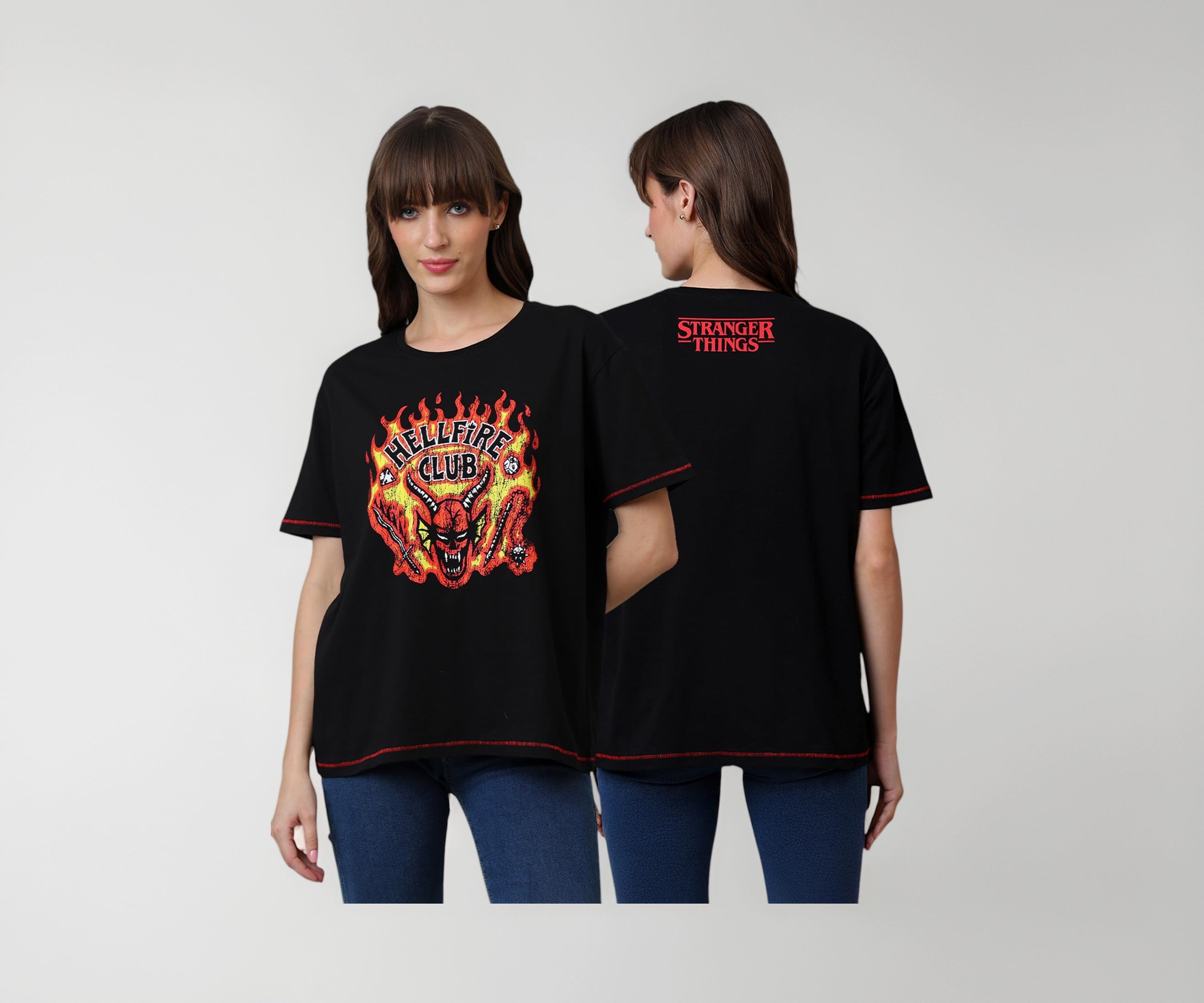 Free Authority Official Stranger Things: Hellfire Club Graphic Printed Half Sleeves Round Neck Oversized Fit Pure Breathable Cotton Fabric Black Tshirt for Women