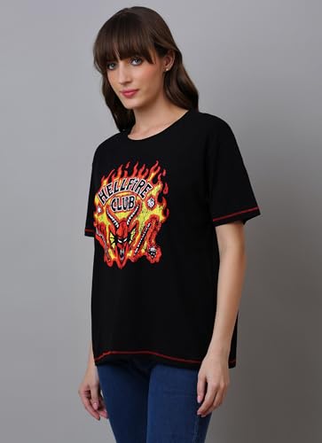 Free Authority Official Stranger Things: Hellfire Club Graphic Printed Half Sleeves Round Neck Oversized Fit Pure Breathable Cotton Fabric Black Tshirt for Women