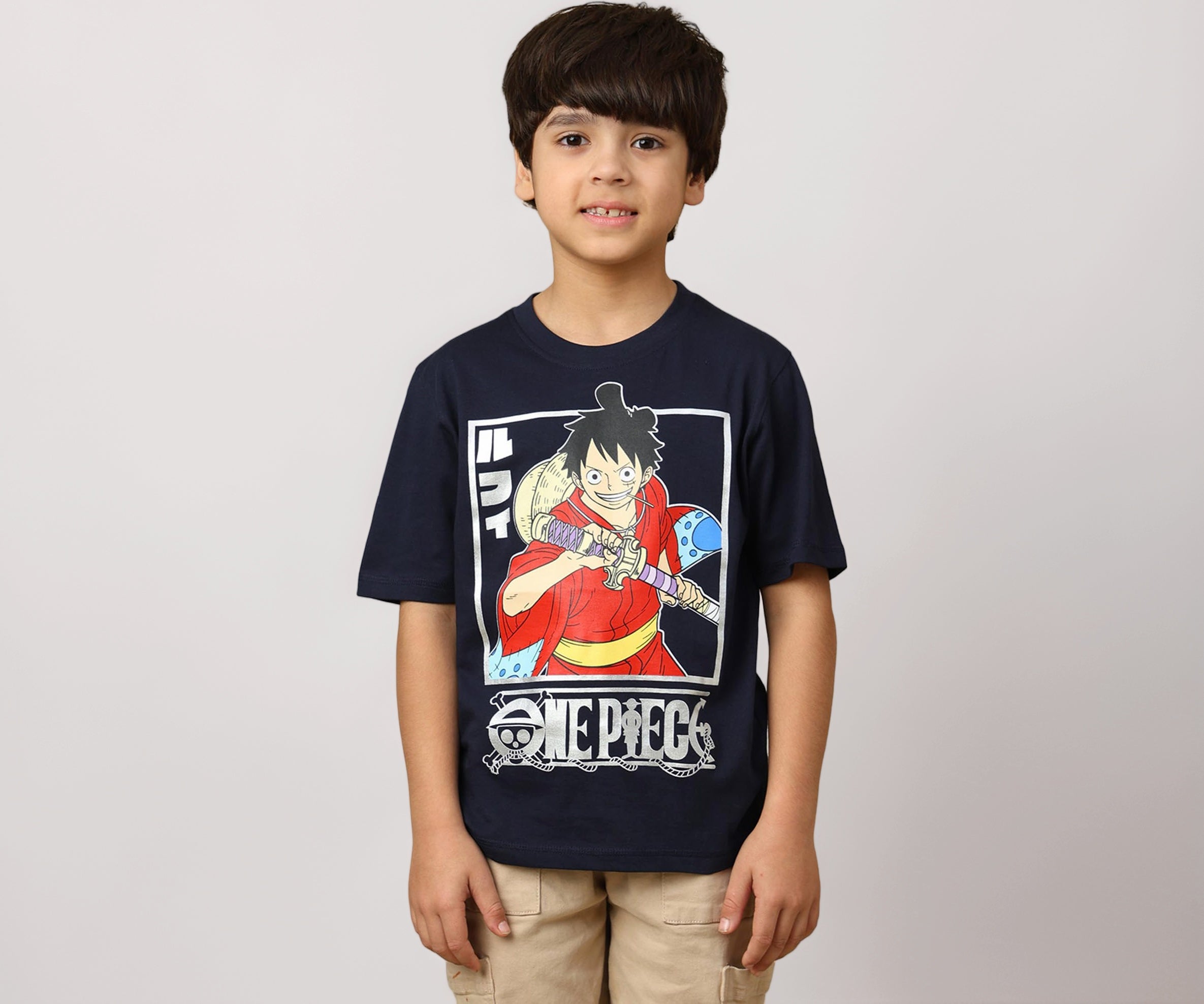 Kidsville Official One Piece Luffy Graphic Printed Regular Fit Cotton Tshirt for Boys