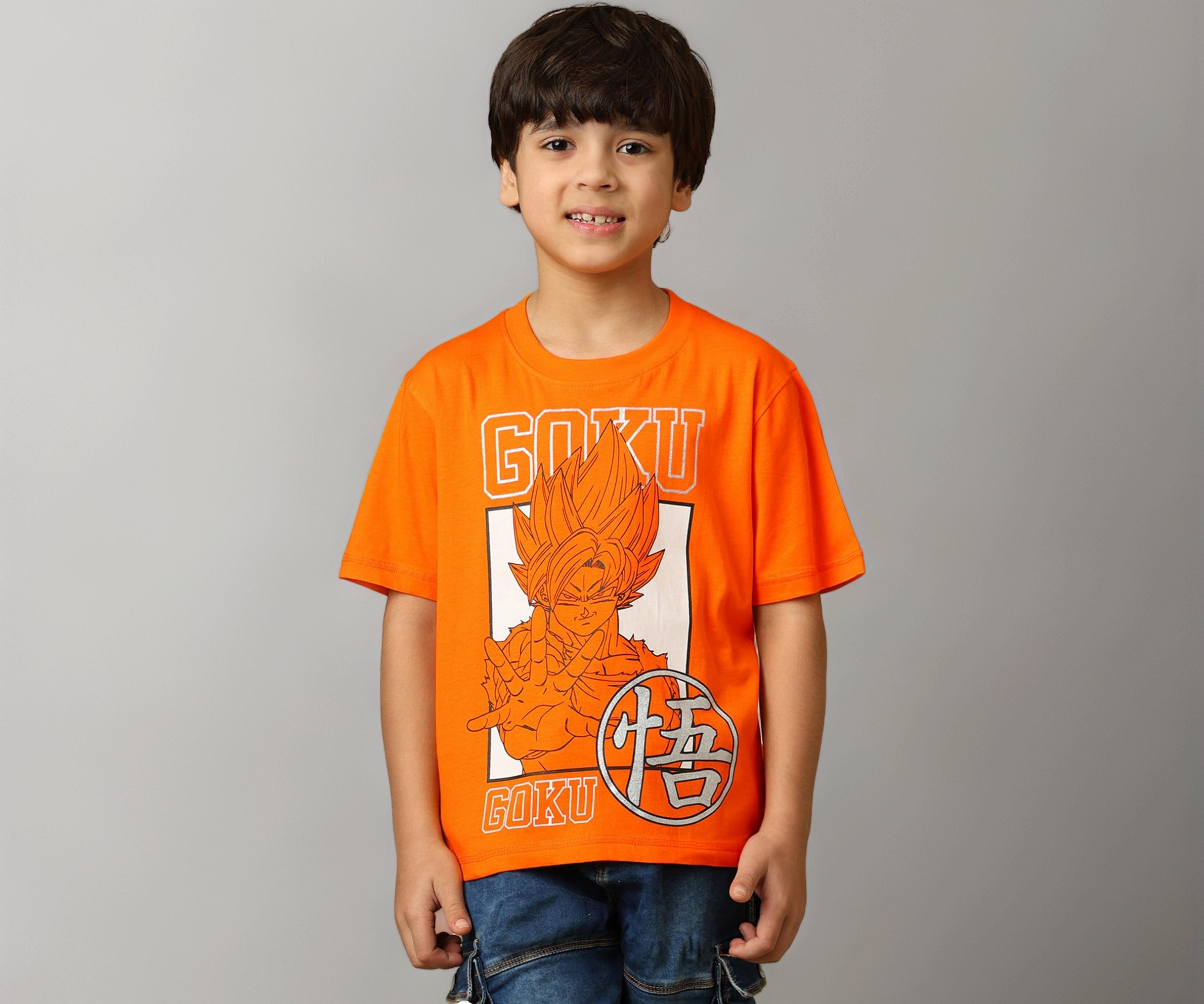 Kidsville Official Dragon Ball Z Merchandise Goku Graphic Printed Boys Oversized T-Shirt | Half Sleeves Round Neck | Pure Cotton Casual Anime Loose Tee Orange