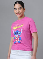 Free Authority Official Lilo & Stitch Graphic Printed Pure Cotton Regular Fit Tshirt for Women