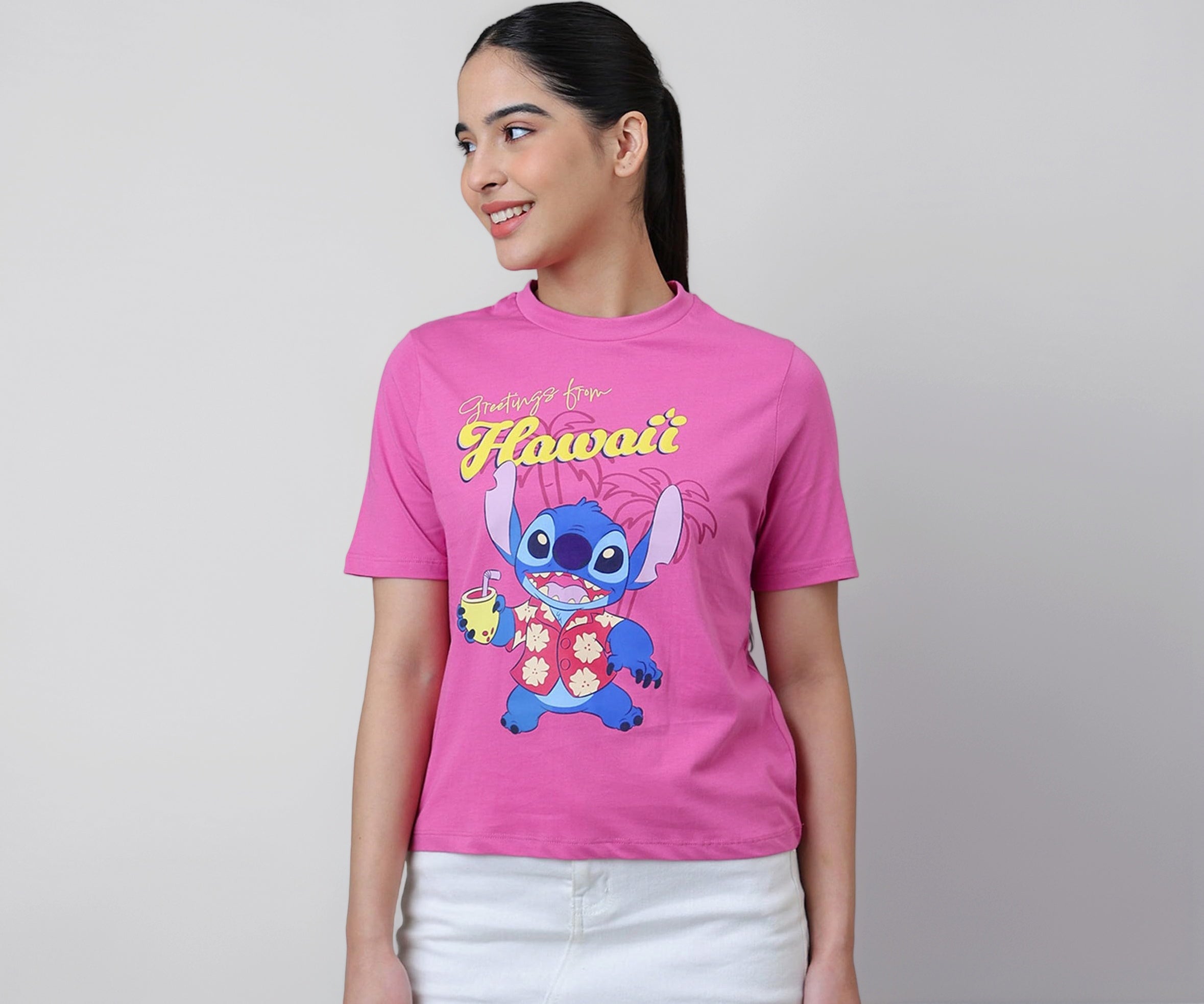 Free Authority Official Lilo & Stitch Graphic Printed Pure Cotton Regular Fit Tshirt for Women