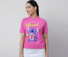 Free Authority Official Lilo & Stitch Graphic Printed Pure Cotton Regular Fit Tshirt for Women