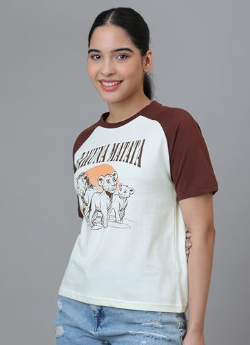 Free Authority Official Lion King Graphic Printed Pure Cotton Regular Fit Half Sleeves Raglan Tshirt for Women