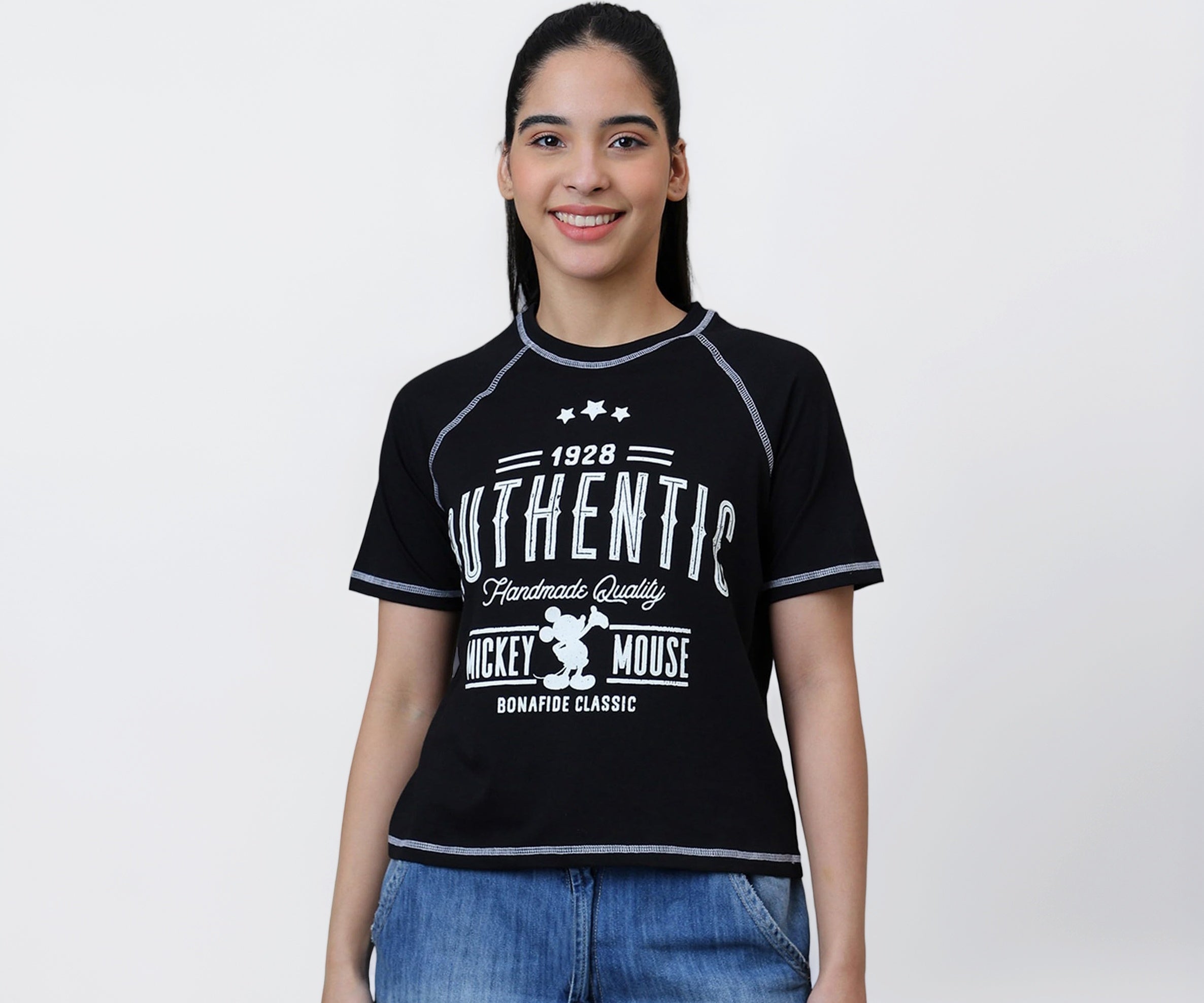 Free Authority Official Mickey & Friends Graphic Printed Pure Cotton SleevesHalf Regular Fit Tshirt for Women