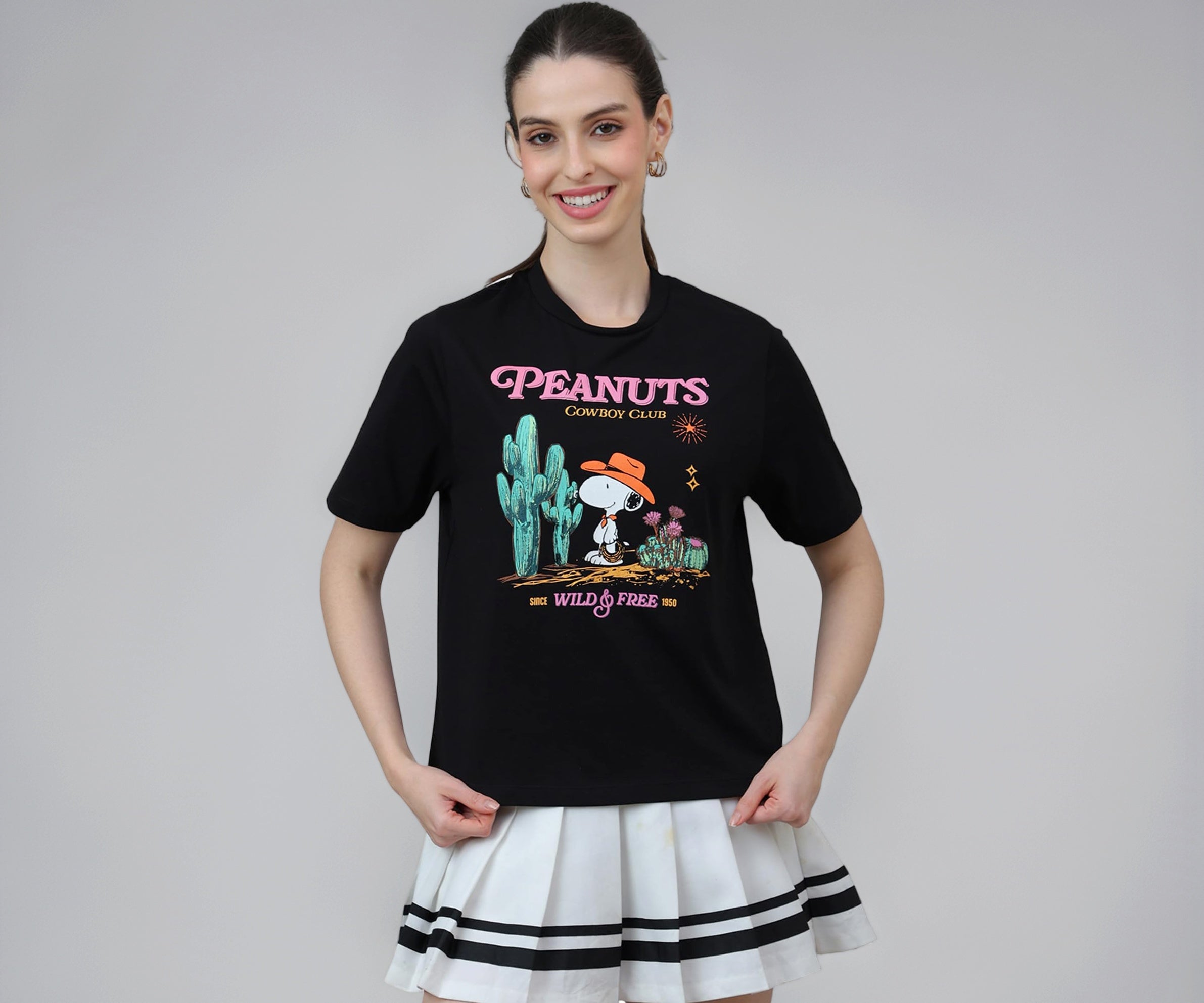 Free Authority Official Peanuts Women Half Sleeve Round Neck Graphic Printed Cotton Regular Fit Tshirt