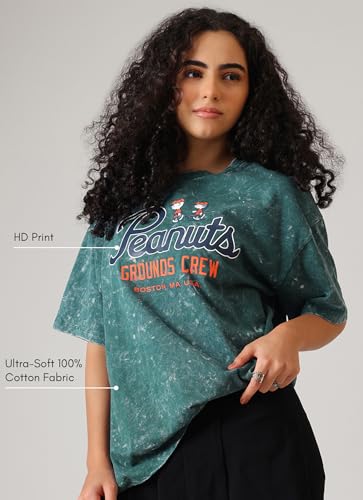 Free Authority Official Peanuts Grounds Crew Graphic Printed Womens Oversized T-Shirt | Pure Cotton Casual Round Neck Half Sleeves Cartoon Tee