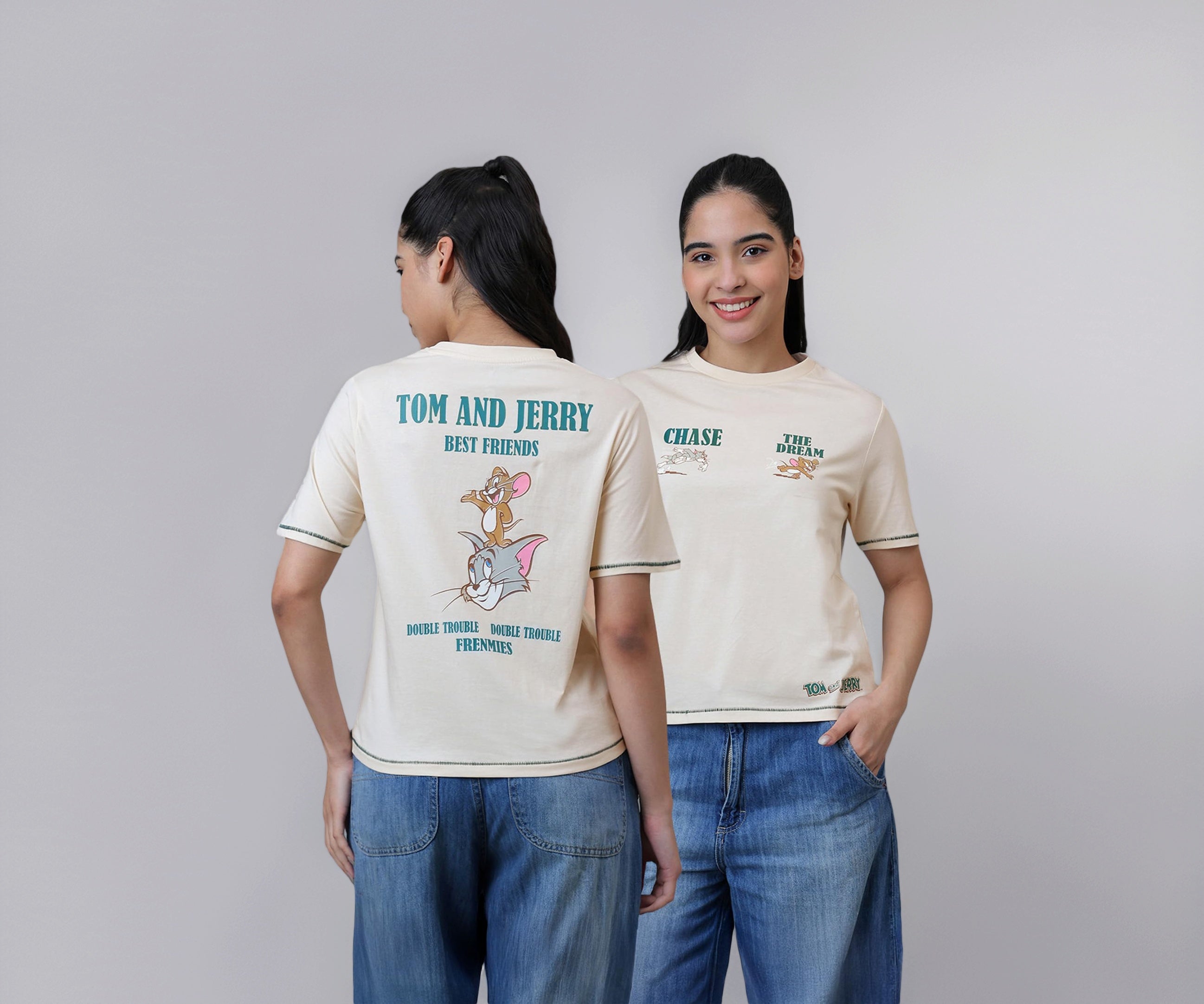 Free Authority Official Tom & Jerry Graphic Printed Pure Cotton Regular Fit Tshirt for Women