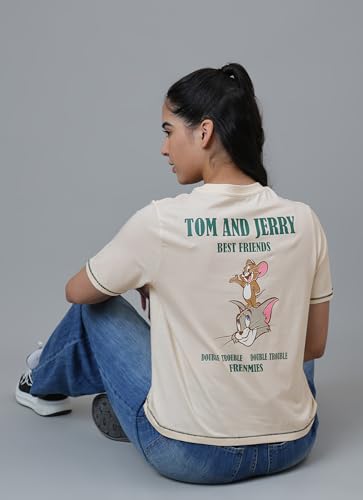 Free Authority Official Tom & Jerry Graphic Printed Pure Cotton Regular Fit Tshirt for Women