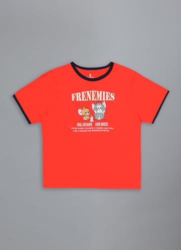 Free Authority Official Tom & Jerry Graphic Printed Pure Cotton Regular Fit Tshirt for Women