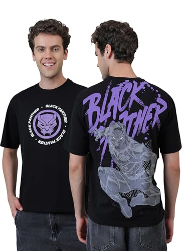 Free Authority Official Marvel Comic Black Panther Men's Graphic HD Printed Half Sleeve Round Neck Drop-Shoulder Oversized Pure Cotton T-Shirt