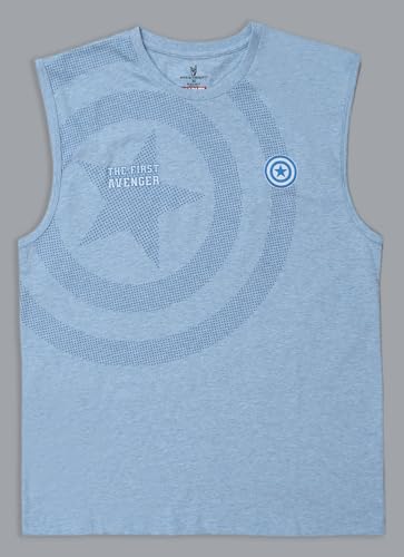 Free Authority Official Marvel Comic Captain America The First Avenger Super Soldier Men's Graphic Printed Sleeveless Round Neck Cotton Regular Tank T-Shirt Blue Melange