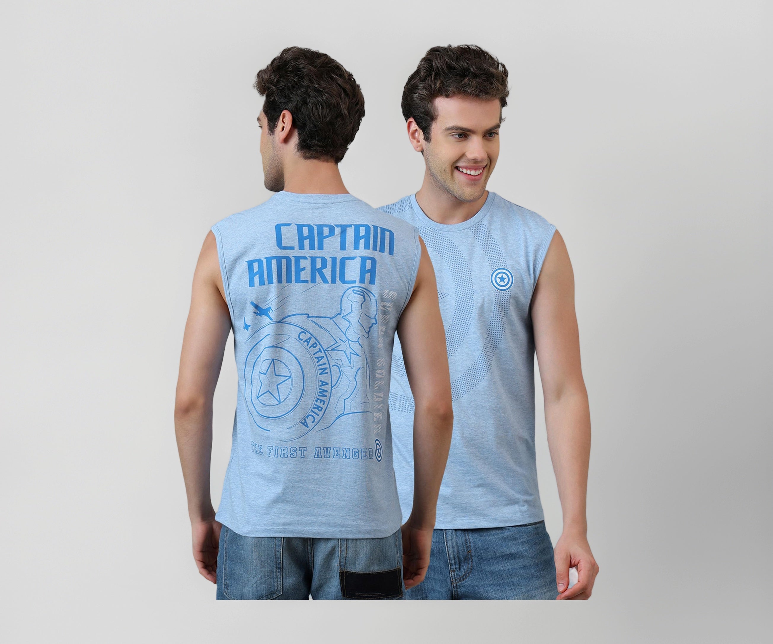 Free Authority Official Marvel Comic Captain America The First Avenger Super Soldier Men's Graphic Printed Sleeveless Round Neck Cotton Regular Tank T-Shirt Blue Melange