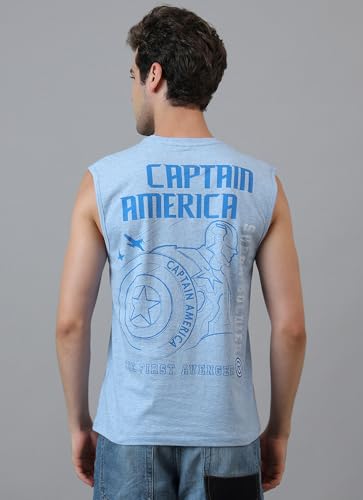 Free Authority Official Marvel Comic Captain America The First Avenger Super Soldier Men's Graphic Printed Sleeveless Round Neck Cotton Regular Tank T-Shirt Blue Melange