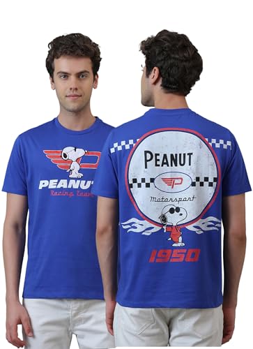 Free Authority Official Peanuts Racing Team Motorsport 1950 Men's Graphic Printed Half Sleeve Round Neck Blue Relaxed Fit Pure Cotton T-Shirt