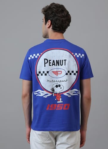 Free Authority Official Peanuts Racing Team Motorsport 1950 Men's Graphic Printed Half Sleeve Round Neck Blue Relaxed Fit Pure Cotton T-Shirt