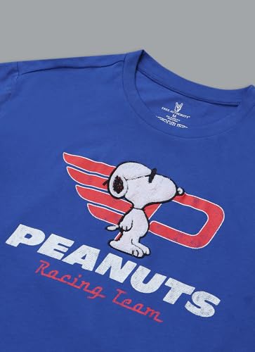 Free Authority Official Peanuts Racing Team Motorsport 1950 Men's Graphic Printed Half Sleeve Round Neck Blue Relaxed Fit Pure Cotton T-Shirt