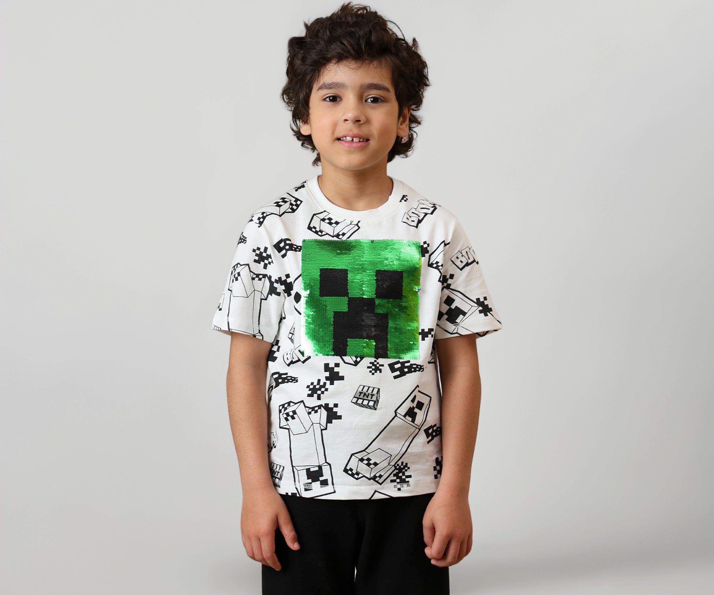 Kidsville Official Minecraft Merchandise Creeper Reversible Sequins Printed Boys Regular Fit T-Shirt | Pure Cotton Casual Round Neck Half Sleeves Kids Wear Tee Optic White