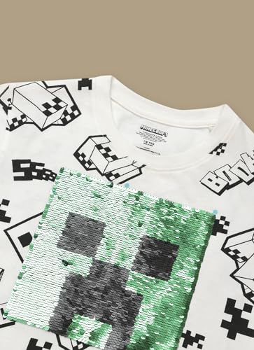 Kidsville Official Minecraft Merchandise Creeper Reversible Sequins Printed Boys Regular Fit T-Shirt | Pure Cotton Casual Round Neck Half Sleeves Kids Wear Tee Optic White
