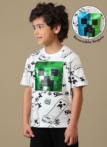 Kidsville Official Minecraft Merchandise Creeper Reversible Sequins Printed Boys Regular Fit T-Shirt | Pure Cotton Casual Round Neck Half Sleeves Kids Wear Tee Optic White