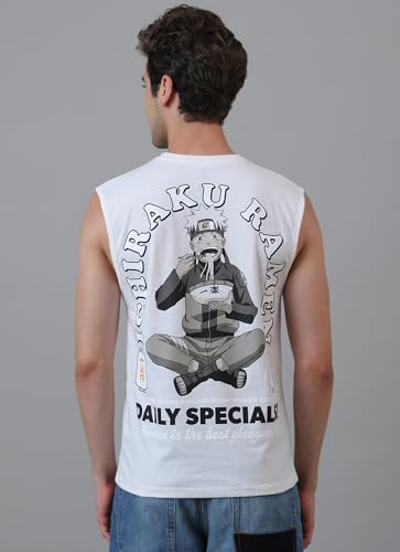 Free Authority Official Naruto Ichiraku Ramen Daily Specials Men's Graphic Anime Printed Sleeveless Round Neck Cotton Regular Tank T-Shirt Ecru Melange