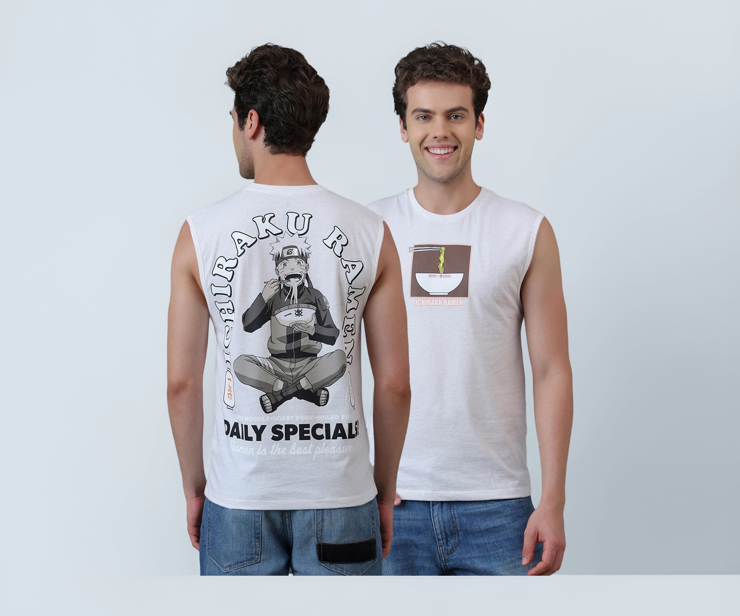 Free Authority Official Naruto Ichiraku Ramen Daily Specials Men's Graphic Anime Printed Sleeveless Round Neck Cotton Regular Tank T-Shirt Ecru Melange