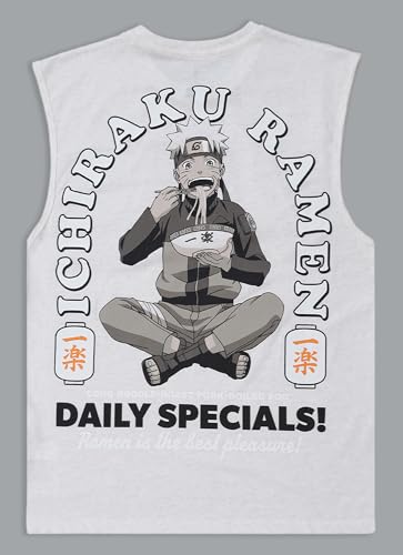 Free Authority Official Naruto Ichiraku Ramen Daily Specials Men's Graphic Anime Printed Sleeveless Round Neck Cotton Regular Tank T-Shirt Ecru Melange