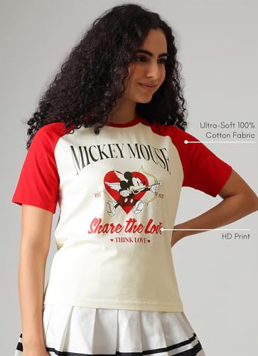 Free Authority Official Mickey & Friends Share the Love Graphic Printed Womens Relaxed Fit T-Shirt | Pure Cotton Casual Round Neck Half Sleeves Cute Cartoon Tee