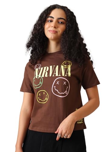 Free Authority Official Nirvana Graphic Printed Womens Relaxed Fit T-Shirt | Pure Cotton Casual Round Neck Half Sleeves Band Music Tee