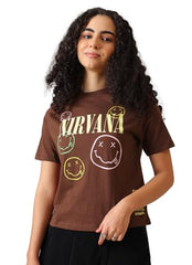 Free Authority Official Nirvana Graphic Printed Womens Relaxed Fit T-Shirt | Pure Cotton Casual Round Neck Half Sleeves Band Music Tee