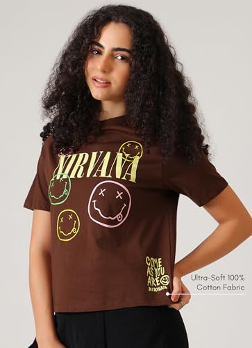 Free Authority Official Nirvana Graphic Printed Womens Relaxed Fit T-Shirt | Pure Cotton Casual Round Neck Half Sleeves Band Music Tee