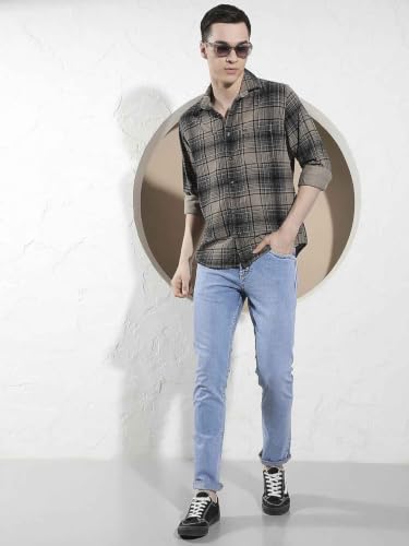 Crimsoune Club Men's Grey Checked 100% Cotton Corduroy Shirt