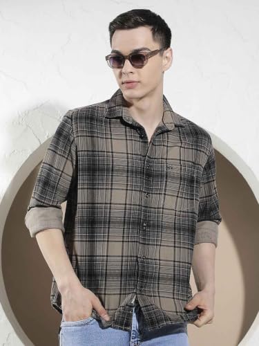 Crimsoune Club Men's Grey Checked 100% Cotton Corduroy Shirt