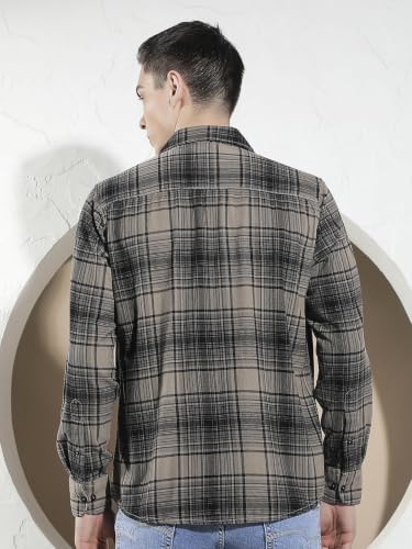 Crimsoune Club Men's Grey Checked 100% Cotton Corduroy Shirt