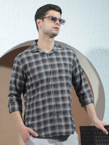 Crimsoune Club Men's 100% Cotton Grey Checked Shirt