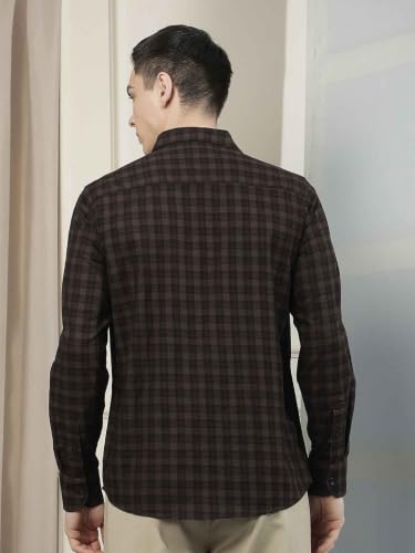 Crimsoune Club Men's Brown Checked 100% Cotton Shirt