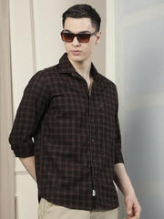 Crimsoune Club Men's Brown Checked 100% Cotton Shirt