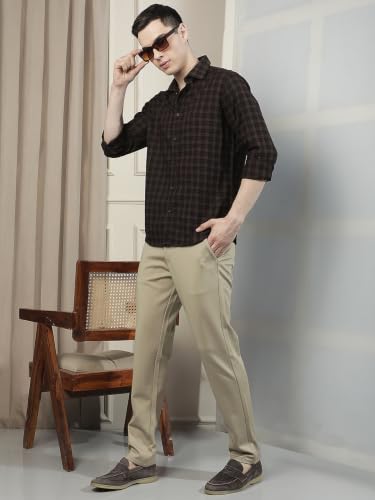 Crimsoune Club Men's Brown Checked 100% Cotton Shirt