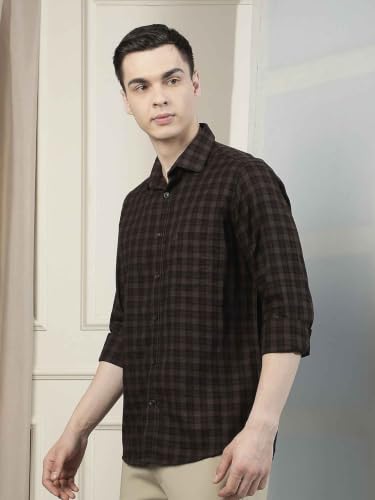 Crimsoune Club Men's Brown Checked 100% Cotton Shirt