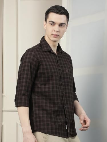 Crimsoune Club Men's Brown Checked 100% Cotton Shirt