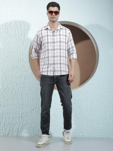 Crimsoune Club Men's Brown 100% Cotton Checked Shirt