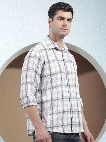 Crimsoune Club Men's Brown 100% Cotton Checked Shirt