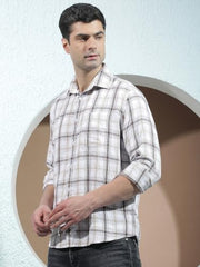 Crimsoune Club Men's Brown 100% Cotton Checked Shirt