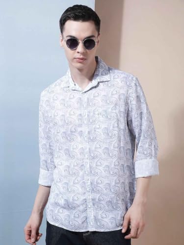 Crimsoune Club Men's Linen Blue Abstract Print Shirt